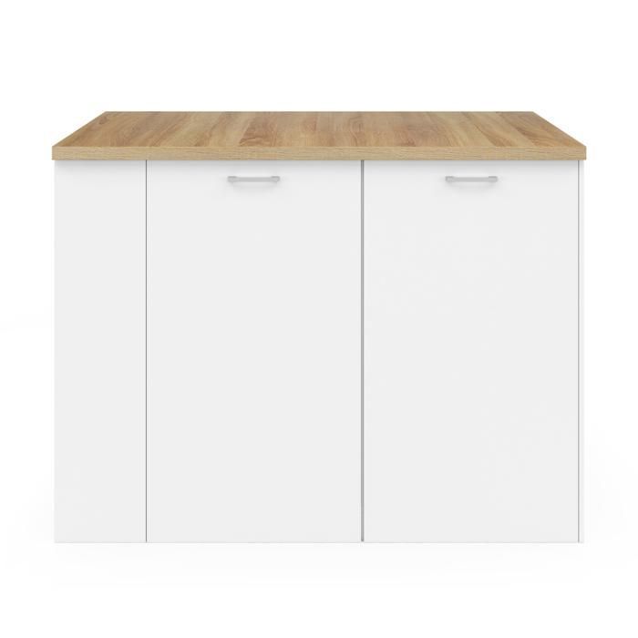 IDMARKET Ilot central TIBO 120 cm bois blanc avec plan de travail façon hêtre