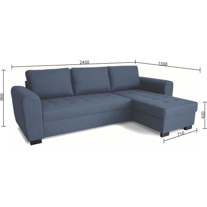 Canapé d'angle fixe réversible 4 places - Tissu Bleu - L245 x P150 x H86 cm - HAMILTON - Fabriqué en Ukraine