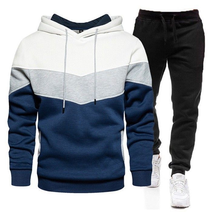 Conjunto deportivo de algodón de 2 piezas para hombre: sudadera con capucha informal, sudadera de manga larga y pantalón deportivo - Blanco