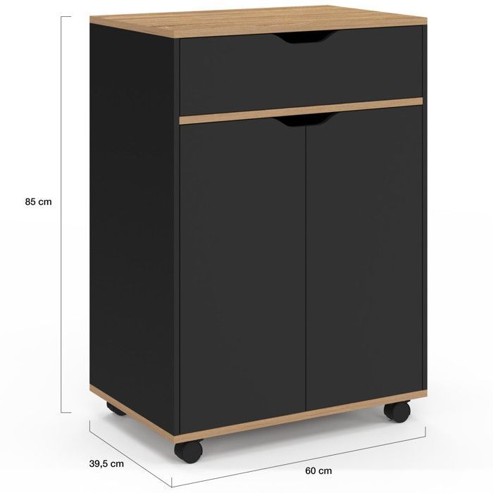 IDMARKET Desserte de cuisine COSY placard avec tiroir bois noir et plateaux façon hêtre L.60 CM