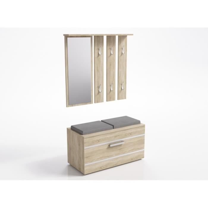 KATHI - Mueble de recibidor con espejo y banco - Dimensiones 41x85x180 cm - Banco para guardar zapatos - 6 ganchos - Perchero