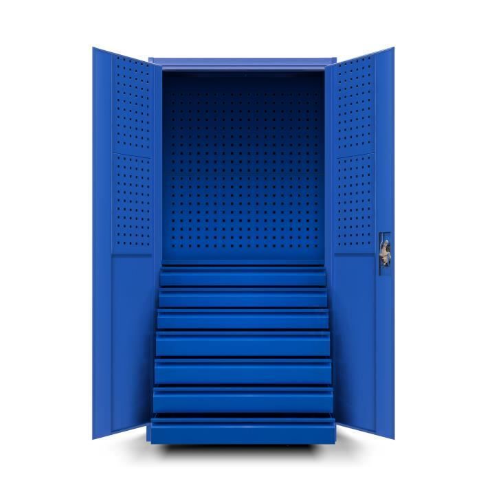 TC007 Gereedschapskast, metalen werkplaatskast met 7 laden, draaideuren, plaatstaal, 185 cm x 92 cm x 50 cm (blauw)