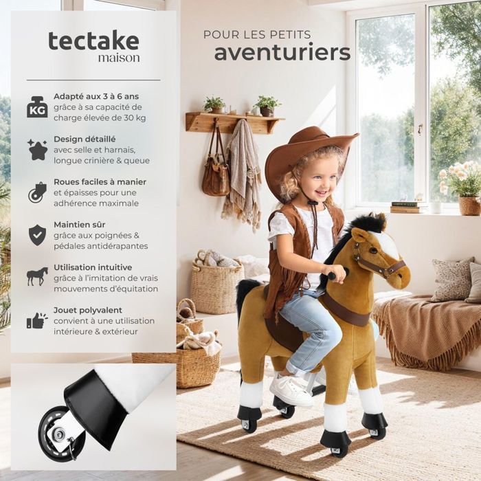 Juguete infantil - TECTAKE - Caballito balancín con ruedas, poliéster y acero, 29 x 76 x 85 cm - Marrón claro