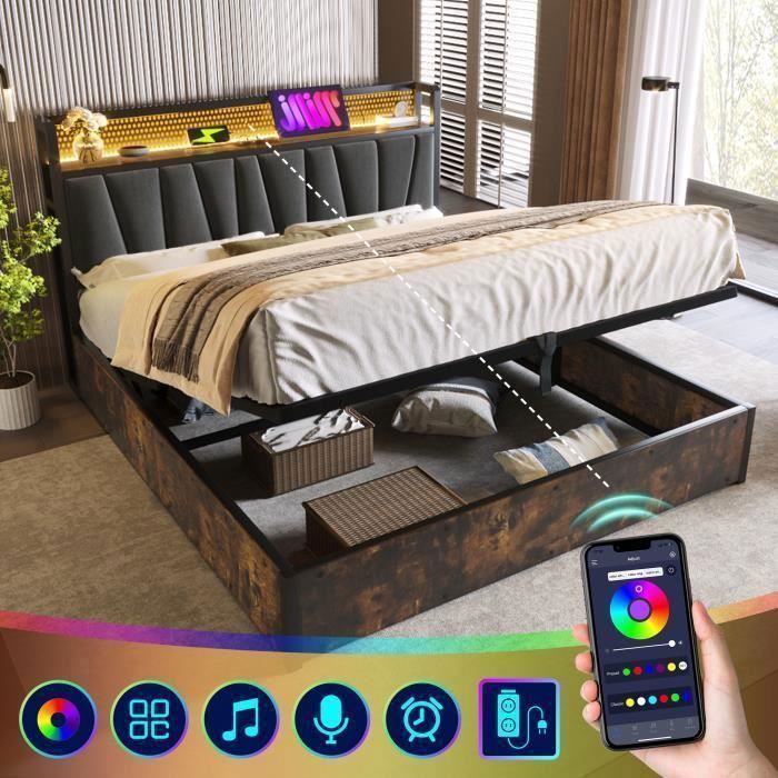 Lit double 180x200 cm, Lit coffre - Tête de lit avec USB - Éclairage LED - Gris