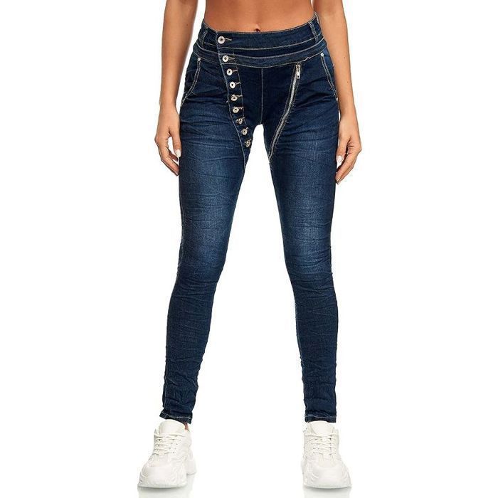 Jean Femme Slim Fit Boyfriend Coupe Ajustée avec Fermeture Boutons en Coton Élastique Bleu Foncé 48 4XL Pantalon Denim Tendance
