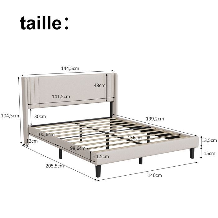 Bett 140x190 cm, NMONET, Lattenrost, Leinenbezug, Doppelbettgestell 140x190, Erwachsenenbett 140x190, beige