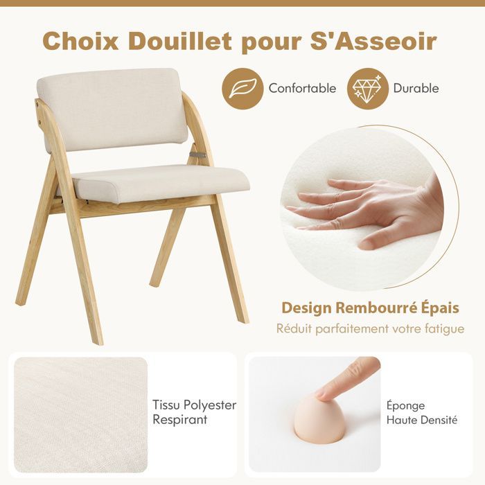 COSTWAY Lot de 2 Chaises de Cuisine Pliable avec Pieds en Bois de Caoutchouc Siège et Dossier Rembourrés, Hauteur du Siège 48 cm