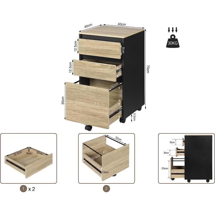 Cajonera móvil WOLTU, mueble de oficina con 3 cajones, 40x40x70cm, roble claro y negro, W0ATT0032