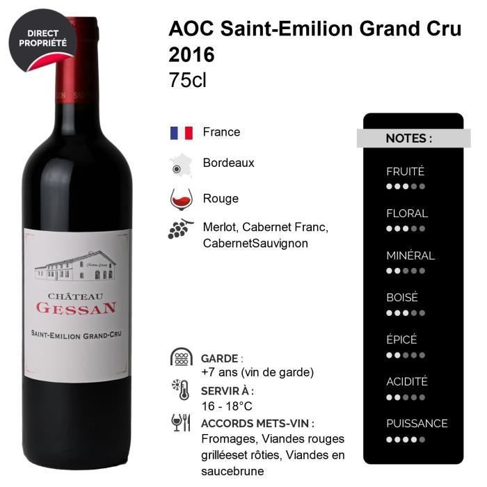 Château Gessan Rouge 2016 - Lot de 6x75cl - Vin Rouge de Bordeaux - Appellation AOC Saint-Emilion Grand Cru - Cépages Merlot,