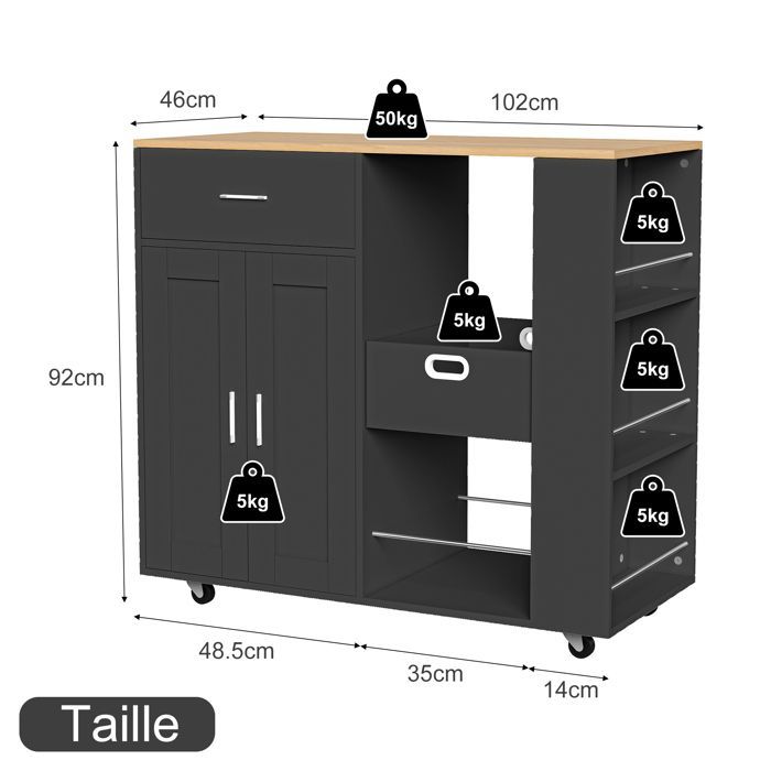 Kitchen Trolley - Island Cart on Wheels - 102x46x92 cm - 2 Doors - 1 Drawer - Black