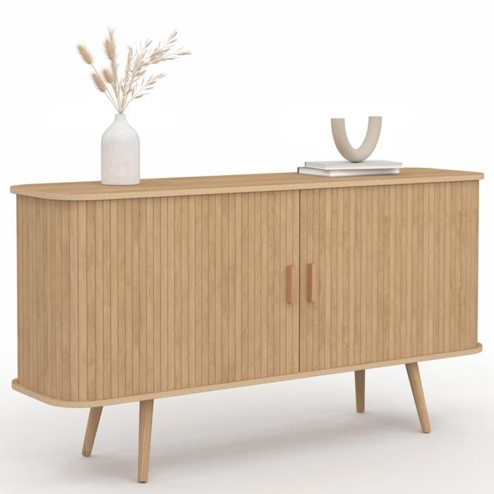 Aparador IDMARKET ROMIE de 140 cm con 2 puertas correderas, listones de madera y acabado en roble.