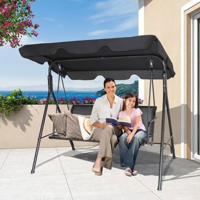 Balanço de jardim COSTWAY de 3 lugares em poliéster e aço com cobertura ajustável resistente aos raios UV para varanda e terraço, 170 x 110 x 150 cm, preto.