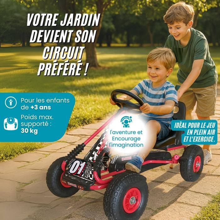 Go-Kart à Pédales - DEVESSPORT - Rouge - Siège Réglable - Frein à Main - Roues Gonflables