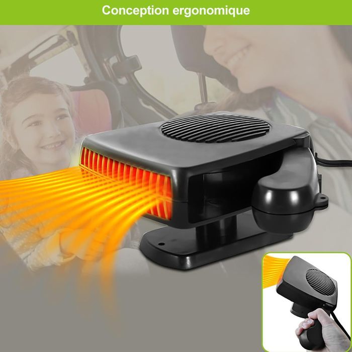 Portable 12V 150W windshield defroster, plugs into the cigarette lighter, 360-degree rotating heater.