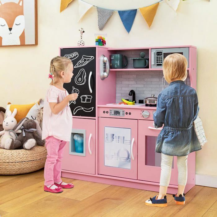 Cocina de madera infantil COSTWAY para niños de 3 a 6 años con teléfono, pizarra, microondas, máquina de hielo y 7 accesorios - Rosa