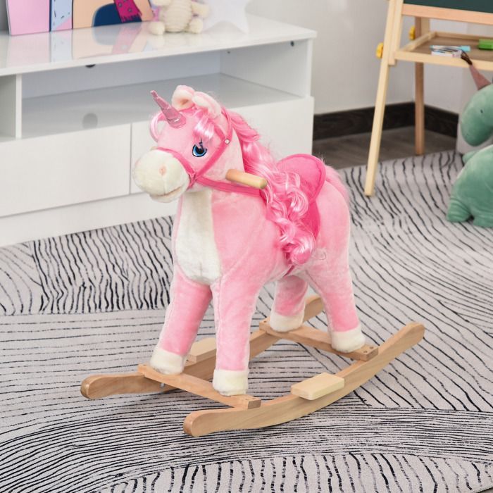 Caballo balancín HOMCOM, modelo unicornio con sonidos auténticos, silla de montar cómoda, madera de álamo rosa, dimensiones: 74 x 33 x 62 cm (largo x ancho x alto).