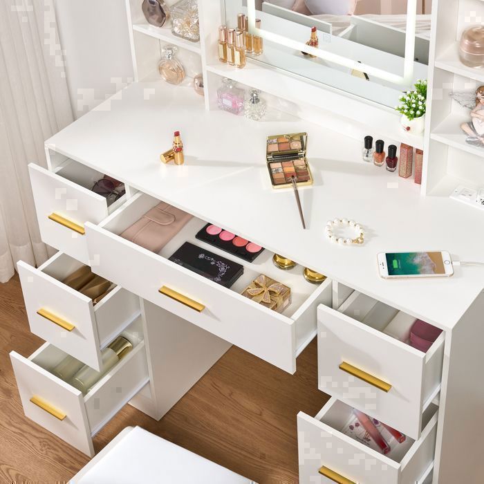 Coiffeuse Grande avec Miroir et Tabouret, LED Réglable, Prise et Port USB, 7 Tiroirs de Rangement, Blanc