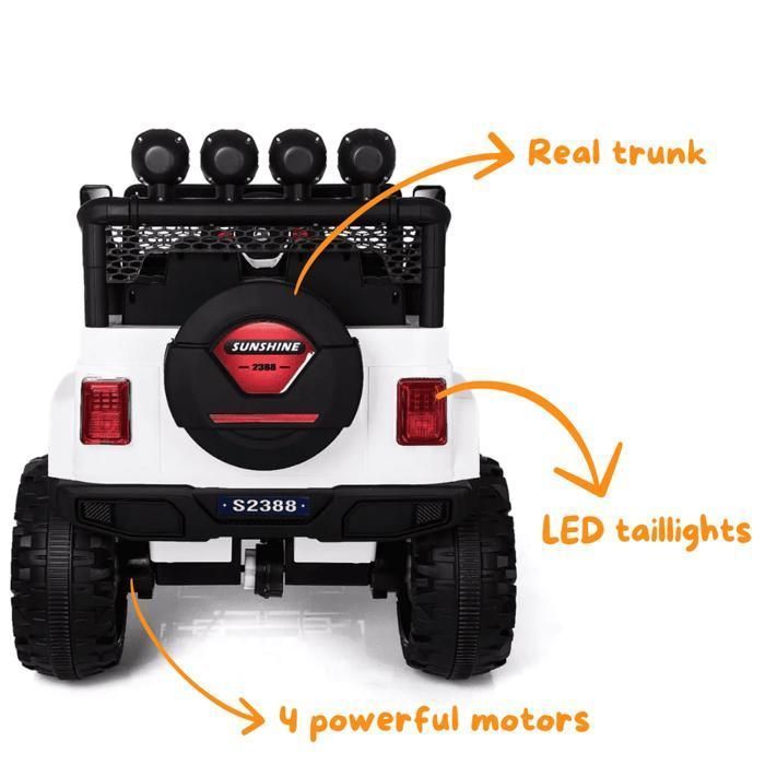 JEEP Style 4x4 Voiture Électrique 12V - Blanc - 2 à 6 ans - 4 Moteurs - Pneus EVA - Bluetooth - 35kg