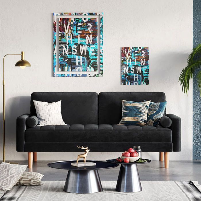 Canapé 2 Places en Velours Noir 142 x 76 x 85 cm,Canapé Scandinave avec 2 coussins pour le salon,Fauteuil Capitonné,Pieds en bois