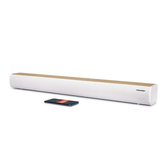 Soundbar Thomson SB401BT con finitura bianca e legno.