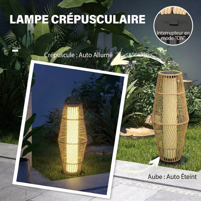 Lanterna solare da esterno - lampada da terra a LED per esterni - Outsunny - sensore di luce - resina intrecciata - 26x26x68cm - sabbia