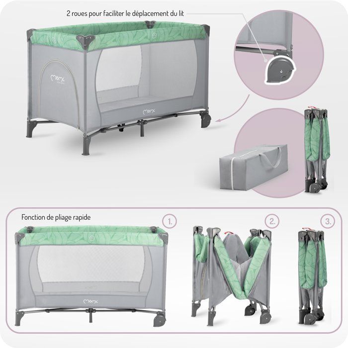 MoMi BELOVE – Lit Parapluie Bébé Pliant – Matelas + Sac de Transport – Accès Latéral – 2 Roulettes – Jade