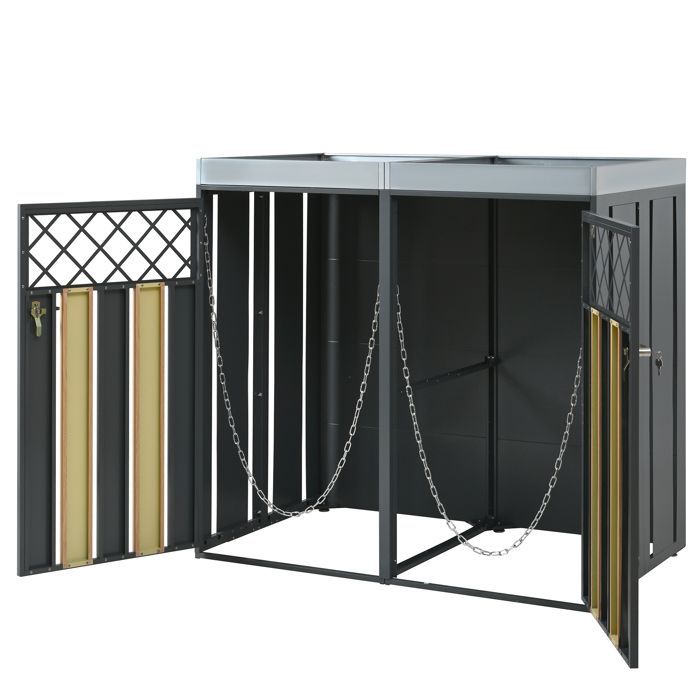 Cobertizo para contenedores HOMVRA, tapa de 2 compartimentos con jardinera integrada, puertas ventiladas en forma de diamante, acero, gris.