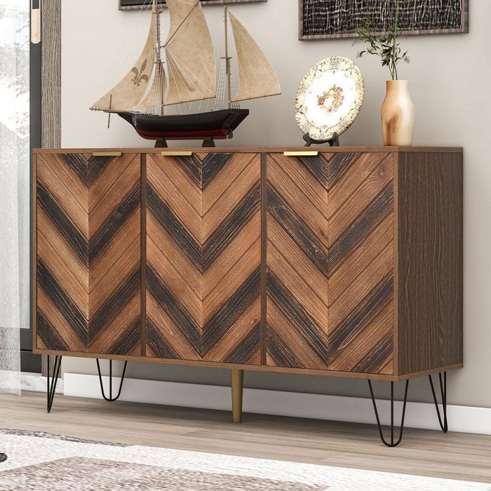 3-Door Sideboard - Solid Wood Storage Cabinet - Modern Chest of Drawers/Entryway Furniture/Shelf - 120x76.5x38cm - Wood+Black