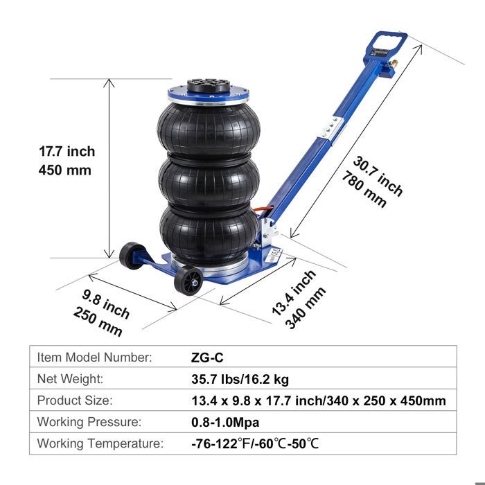 Gato neumático Duoku de triple bolsa - 3 toneladas - con seis tubos de acero - Eleva 450 mm - 3 a 5 segundos