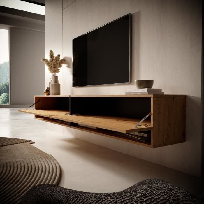 Mueble para TV - SELSEY - MIRRGO - 200 cm - roble artesanal - inserción de grafito
