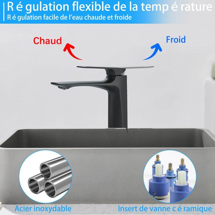 Grifo de baño tipo cascada, grifo de lavabo negro moderno, grifo mezclador para lavabo, grifo de agua fría y caliente disponible con conexión G de 3/8