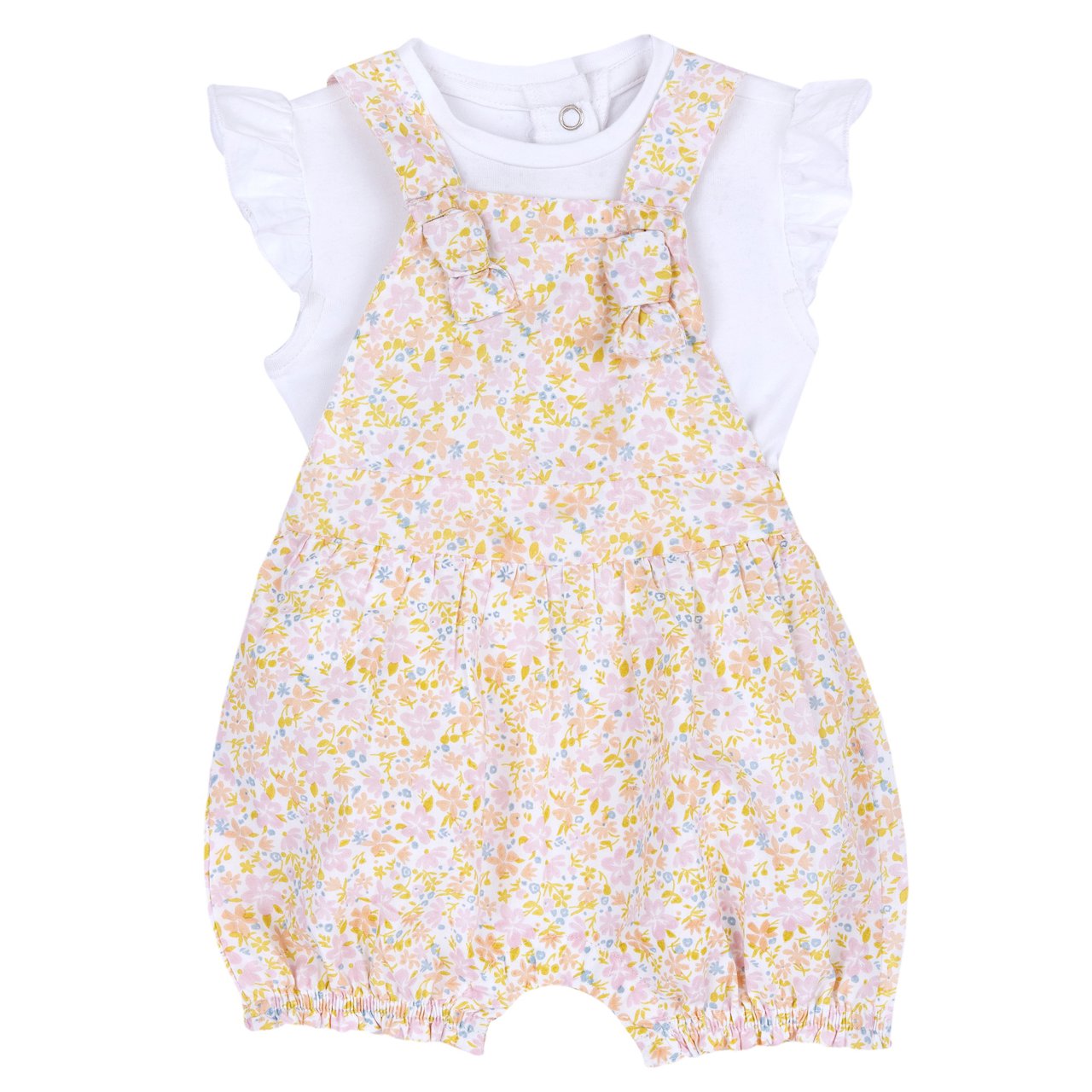 Kurze Latzhose mit Blumenmuster und weißem Body