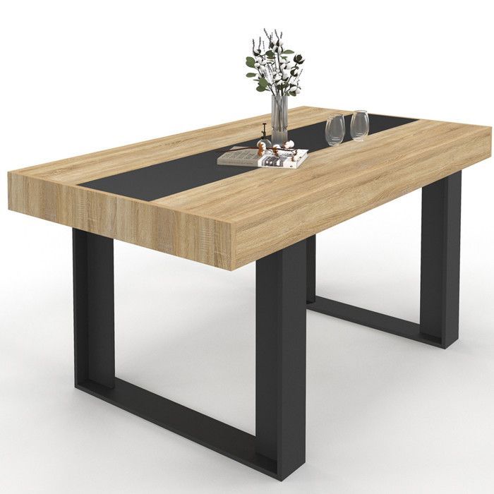 IDMARKET PHOENIX rechthoekige eettafel voor 6 personen, hout en zwart met een zwarte streep in het midden, 160 cm