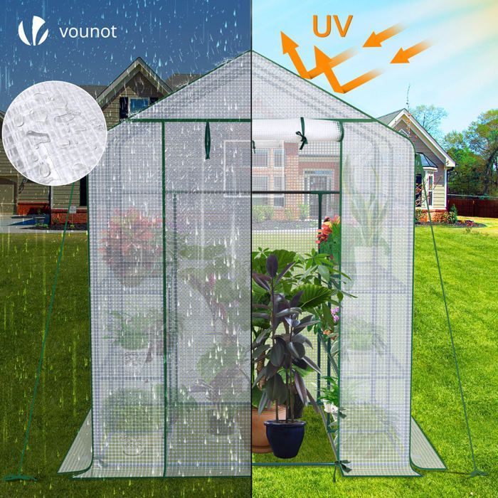 VOUNOT® Serre de jardin avec étagères 143x143x195cm blanc - bâche renforcée 135g/m² - fenêtre moustiquaire - porte enroulable