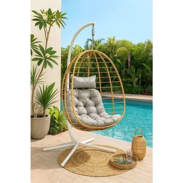 Fauteuil oeuf suspendu - PALAVA - Structure en acier - Tissage en rotin synthétique - D95 x L98 x H200 cm