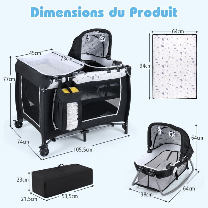 Lit Bébé Parapluie avec Matelas 5 en 1 COSTWAY-Berceau,Table à Langer--Jouets Suspendus,Boîte à Musique Lumineuse-Roulettes-Beige