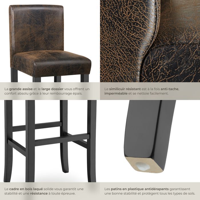 Bar stool - TECTAKE - Set of 2 stools with padded backrest and solid wood legs - Dark brown