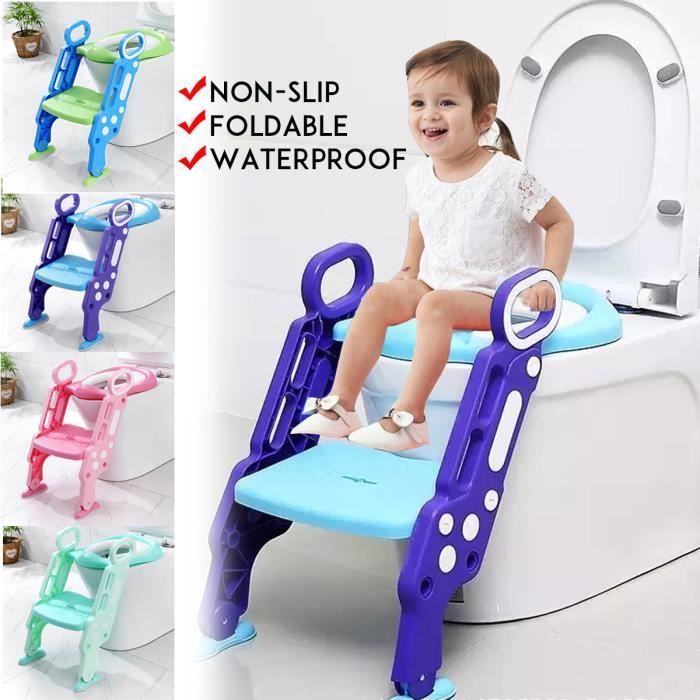 Reductor de asiento de inodoro para bebés y niños, escalera plegable ajustable con peldaños anchos - Asiento de inodoro cómodo, AZUL VERDE