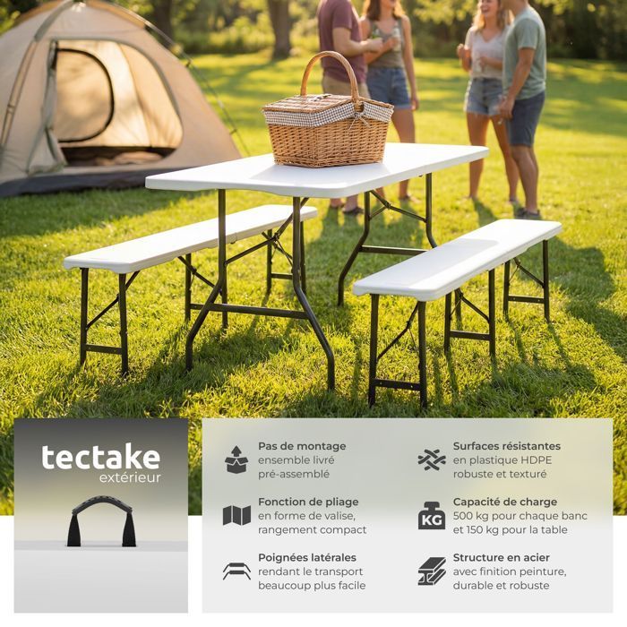 Mesa de camping con bancos - TECTAKE - Conjunto de comedor PANJA: 1 mesa, 2 bancos, compacto y plegable con asas de transporte - Blanco