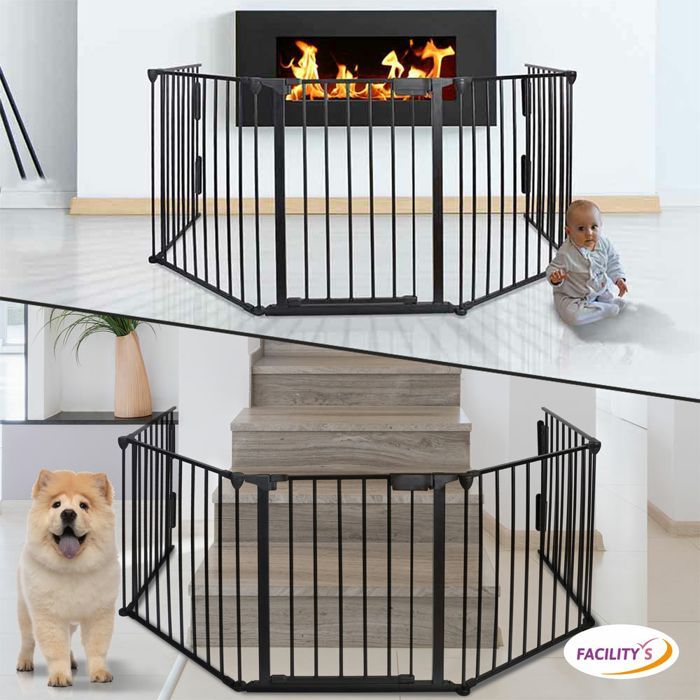 Barrière de protection, sécurité bébé/enfant/animaux L300 x H74.5 cm -  métal - FACILITYS - 5 panneaux + poignée sécurisée - noir