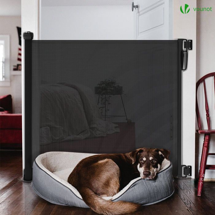 Barrera de seguridad retráctil VOUNOT® de 180 cm, negra - Doble cierre con una sola mano - Para bebés, niños y perros