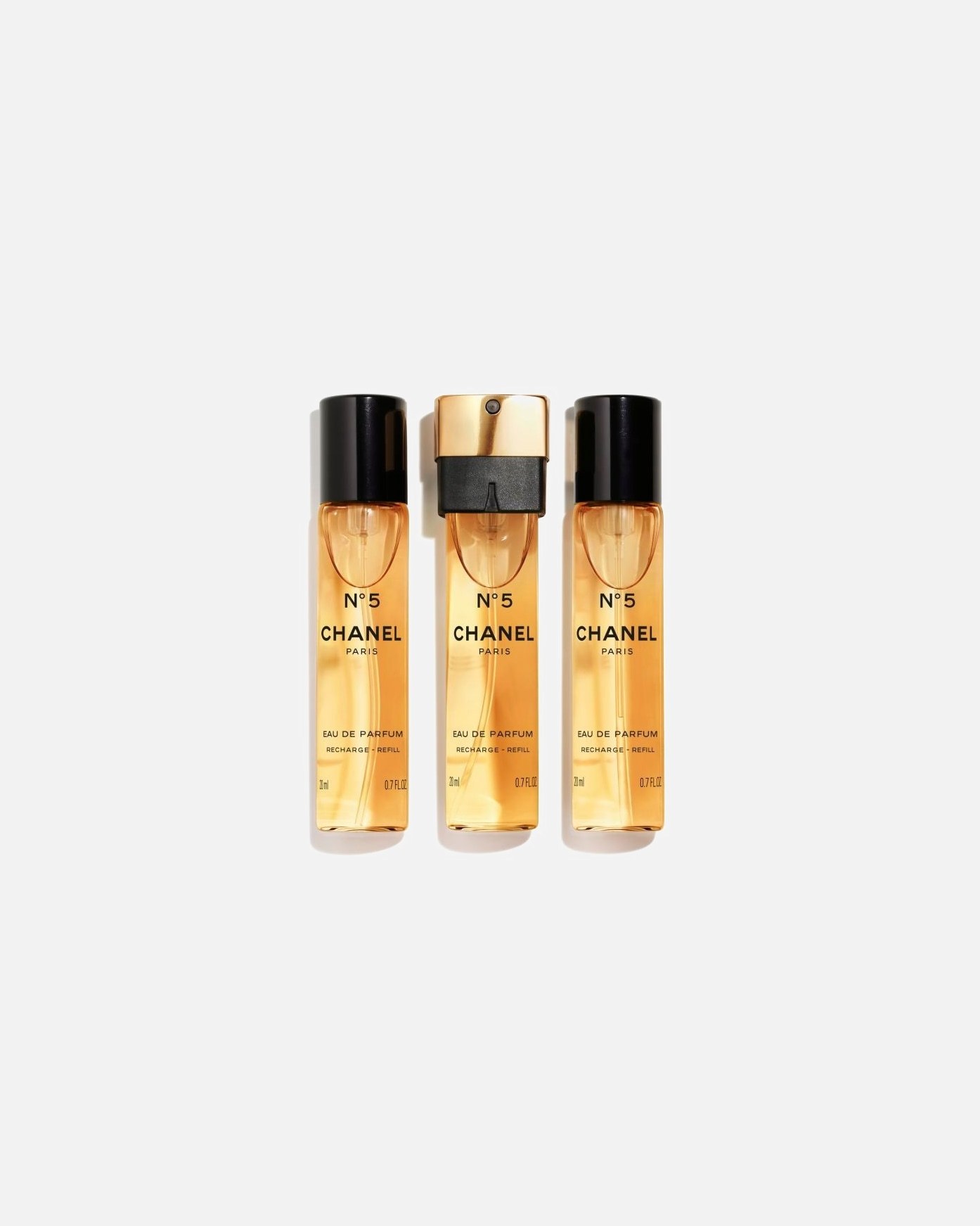 CHANEL Eau de Parfum No. 5 Eau de Parfum Twist and Spray – 3 papildymo pakuotės (po 20 ml) be purškimo galvutės – 60 ml