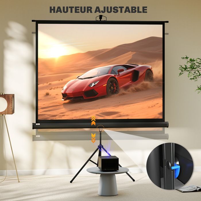 Tela de projeção - HOMCOM - Tela 4K HD 4:3 - Suporte tripé - Altura ajustável - 131x92x203cm - Branca e preta