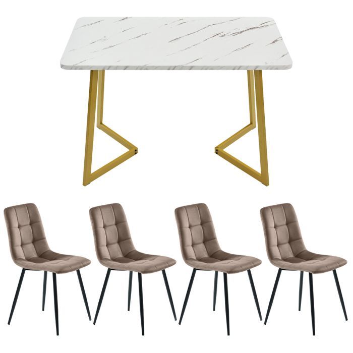 Dining table with 4 chairs, modern kitchen/living room table and chair set, brown velvet chairs, gold table legs