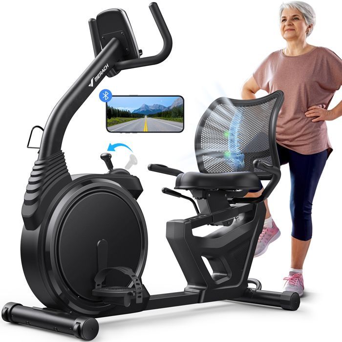 Cyclette semi-reclinata MERACH per riabilitazione, 8 livelli di resistenza magnetica, schermo LCD, app dedicata, sensore di frequenza cardiaca.
