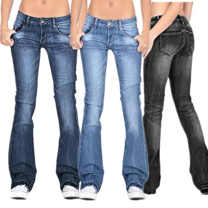 Pantalones vaqueros ajustados elásticos para mujer, pantalones acampanados con flecos - FUNMOON - Azul oscuro - Ajustados - Adulto - Mujer