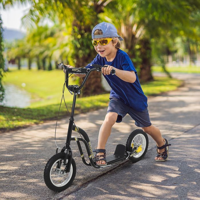 Patinete infantil - HOMCOM - Neumáticos de goma de 12 pulgadas, capacidad de carga de 100 kg, todoterreno, frenos dobles ajustables - negro