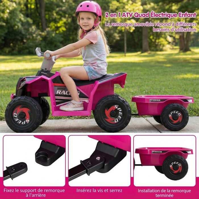 COSTWAY 6V 4,5Ah Elektro-Quad für Kinder mit abnehmbarem Anhänger, 6 rutschfesten Rädern, Tasten- und Pedalsteuerung, 30 kg, ab 3 Jahren, Rot