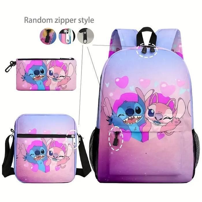 Conjunto de 3 mochilas escolares para niñas: mochila con estampado de dibujos animados, estuche para lápices y bolsos de hombro - Regalos para niñas