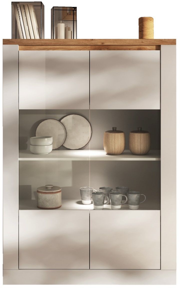 Vitrine - IMOLA - Blanc laqué / Plateau chêne cadiz - 2 Portes - Fabrication Italienne - 114 x 43 x 160 cm